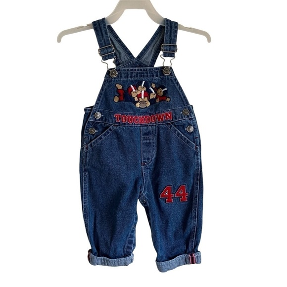 Baby’s Vintage Denim Overalls Blue Football Rugby Touchdown Embroidery Sz 6-9 mo - Picture 1 of 16